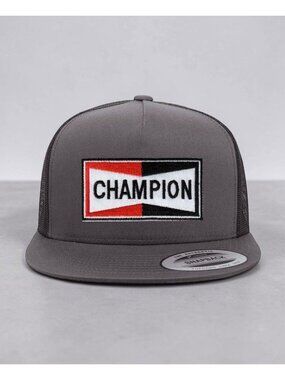 Champion Spark Plugs Patch on YP Flat Bill Trucker Hat Mesh Back Snapback charco